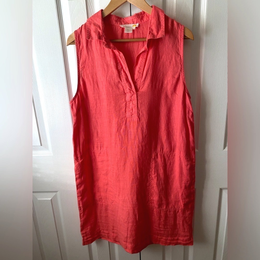 C&C California Coral 100% Linen Sleeveless Notch Neck Lagenlook Shirtdress SZ 12